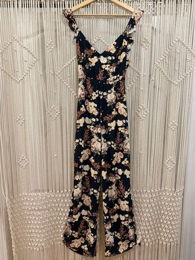 Zara Woman Sleeveless Black Floral Wide Leg V-Neck Tie Ruffle Jumpsuit